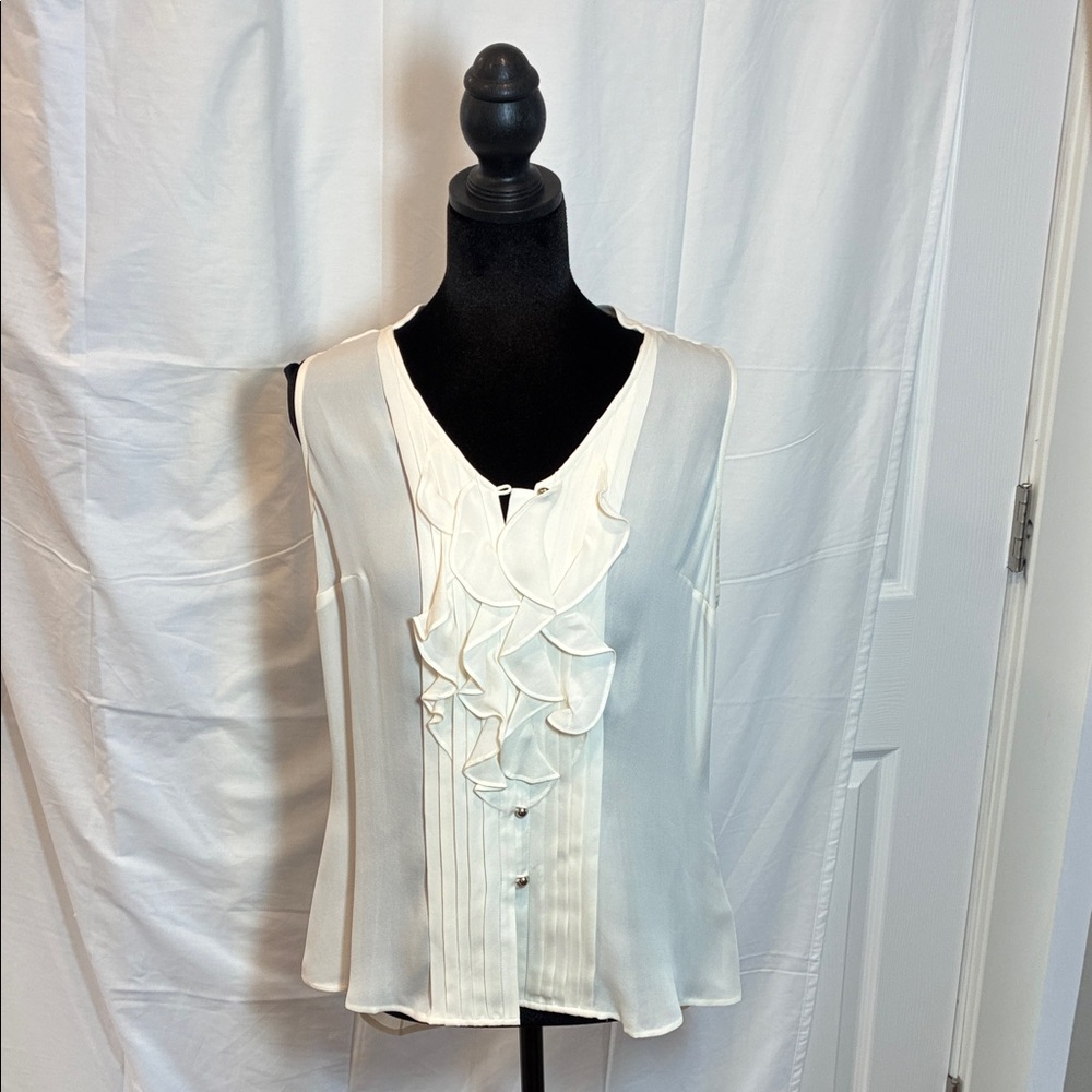 White House Black Market Silk Ivory Ruffle Front Sleeveless Blouse